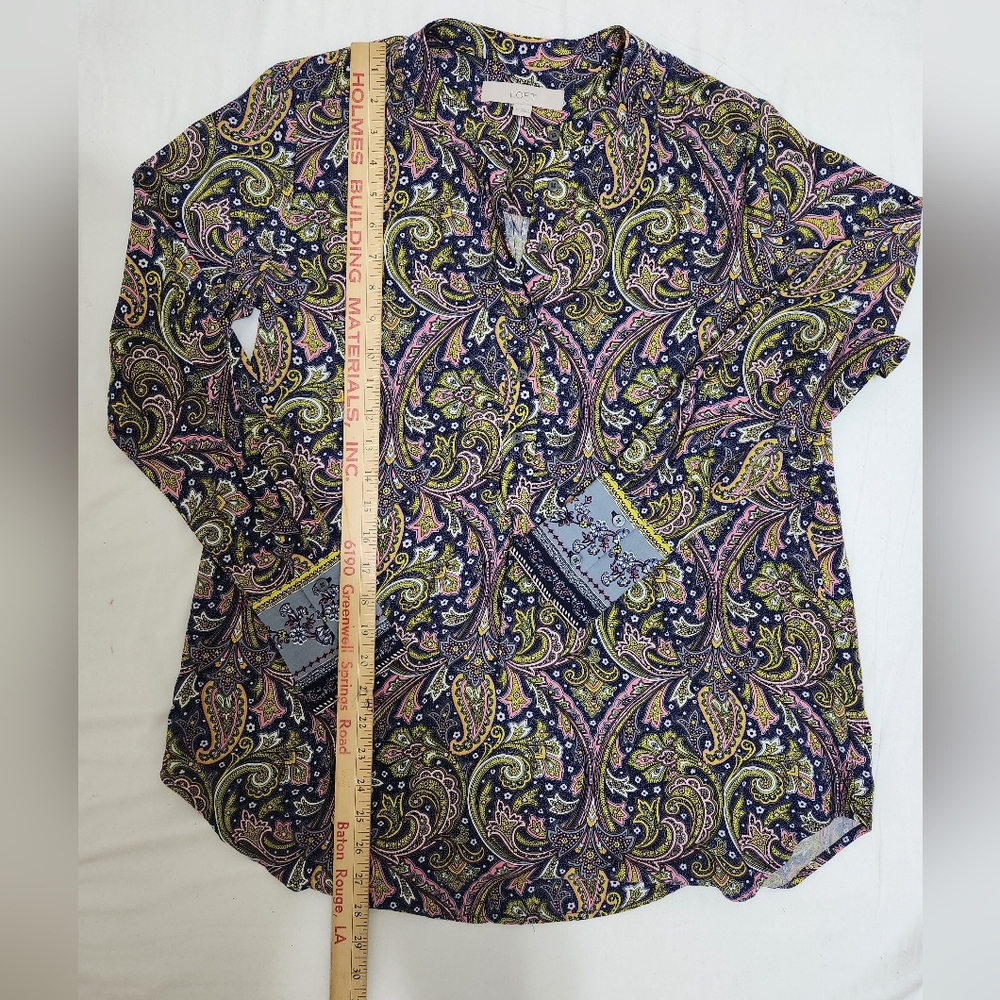 LOFT Paisley V-Neck Blouse in Navy, Pink & Yellow - Picture 5 of 5
